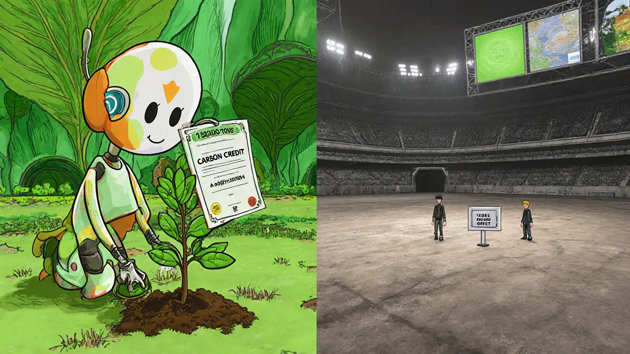 A game character plants a digital tree while an empty metaverse stands silent, with a carbon offset plaque nearby.