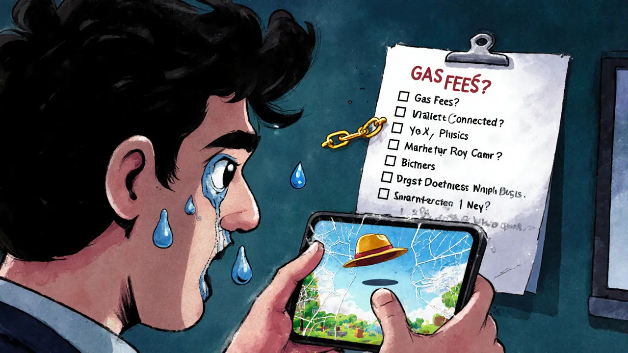 A gamer frustrated as a hat floats unnaturally in a game, with a failed interoperability checklist on the wall.