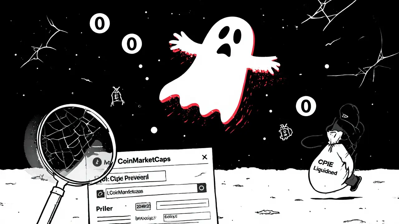 A ghostly smart contract with zero transactions, surrounded by dust, as a shadowy figure flees with stolen liquidity.