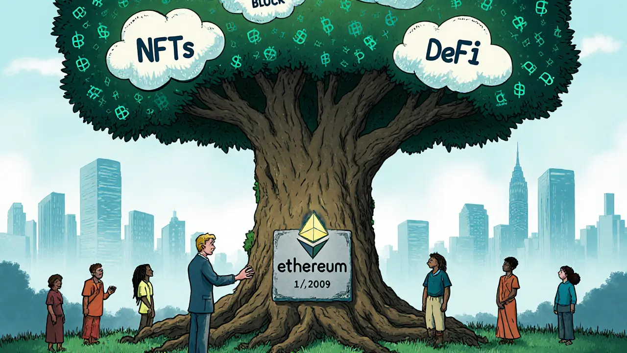 A giant blockchain tree grows from the Genesis Block seed, with branches supporting crypto ecosystems as old institutions fade away.