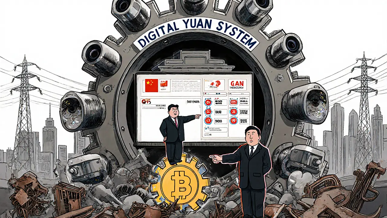 A giant Digital Yuan machine crushes a Bitcoin symbol under bureaucratic gears and surveillance eyes.