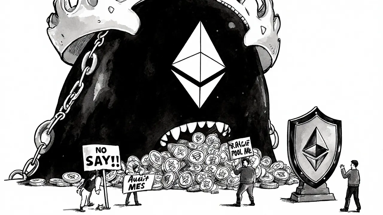 A giant Lido monster controls 32% of Ethereum validators, dwarfing a small decentralized Rocket Pool alternative.