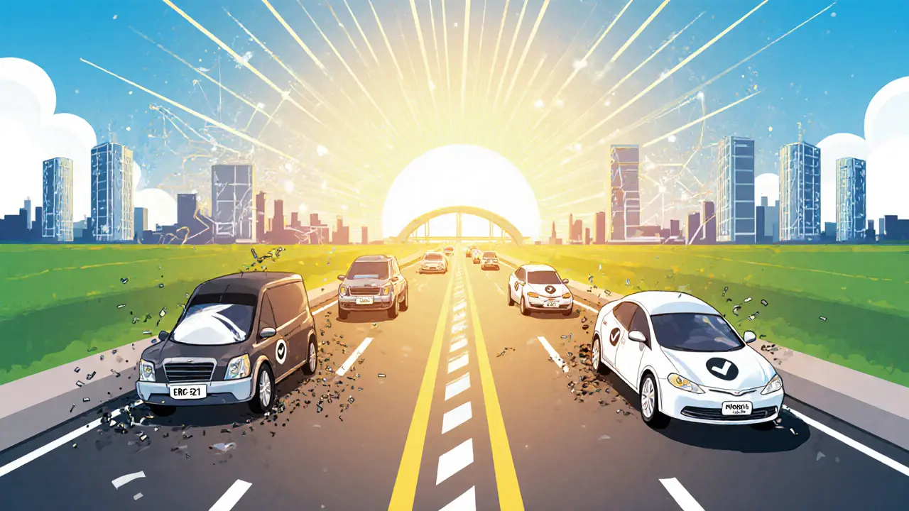 A highway with failing custom bridges versus a smooth road labeled IBC &amp; CCIP, with uniform blockchain vehicles traveling safely.