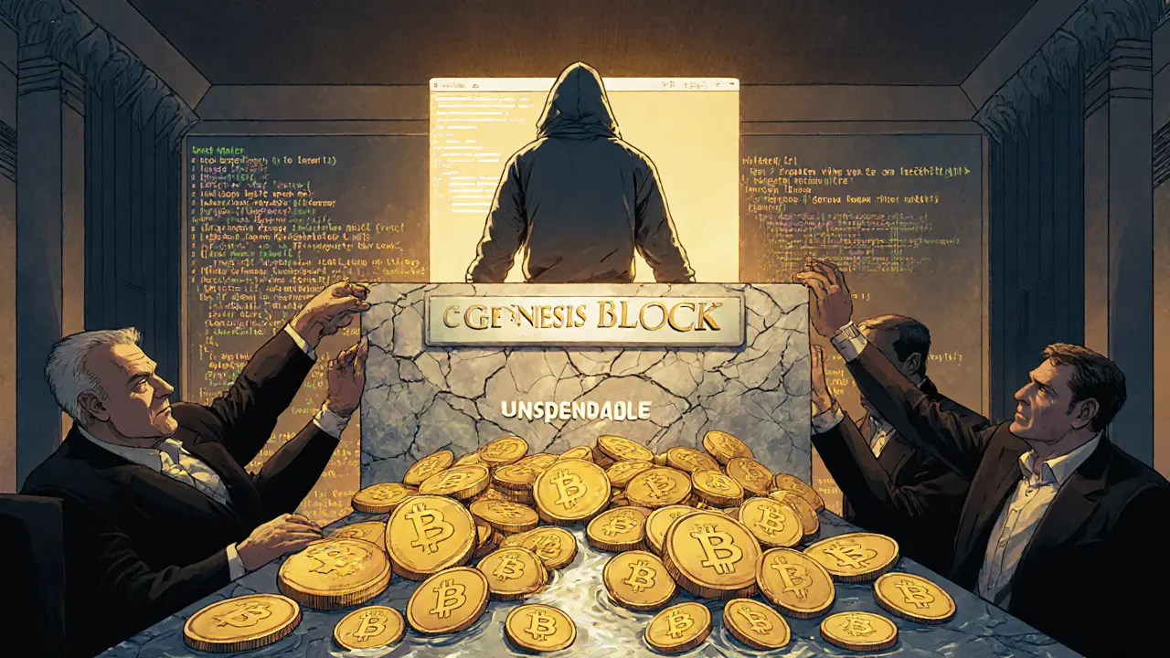 A lone miner stands before a massive Genesis Block pedestal, with 50 golden BTC coins frozen in an unspendable barrier.