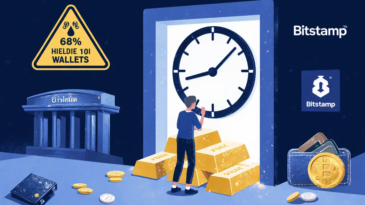 A person attempting to redeem VEUR tokens through a slow portal, with gold bars emerging as a 5-day clock ticks.