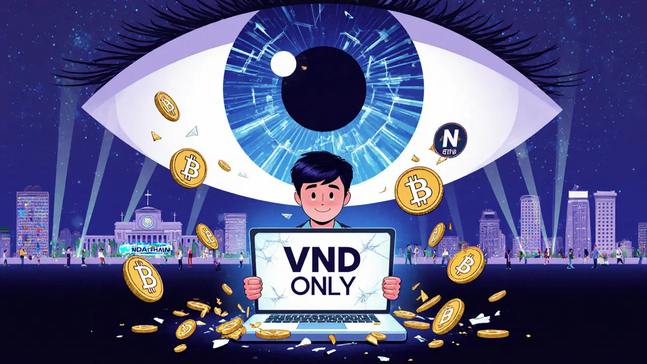 A person faces a &#039;VND ONLY&#039; screen as banned coins fall away, watched by a surveillance eye on a blockchain.
