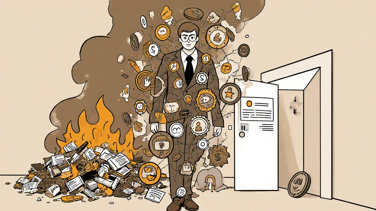 A person surrounded by permanent digital credentials, standing before a fire of outdated data leaks.