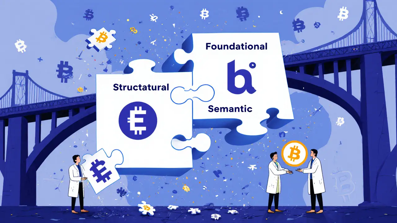 A puzzle with four interoperability levels, only two connected, while key standards like ERC-20 and IBC are being placed by developers.