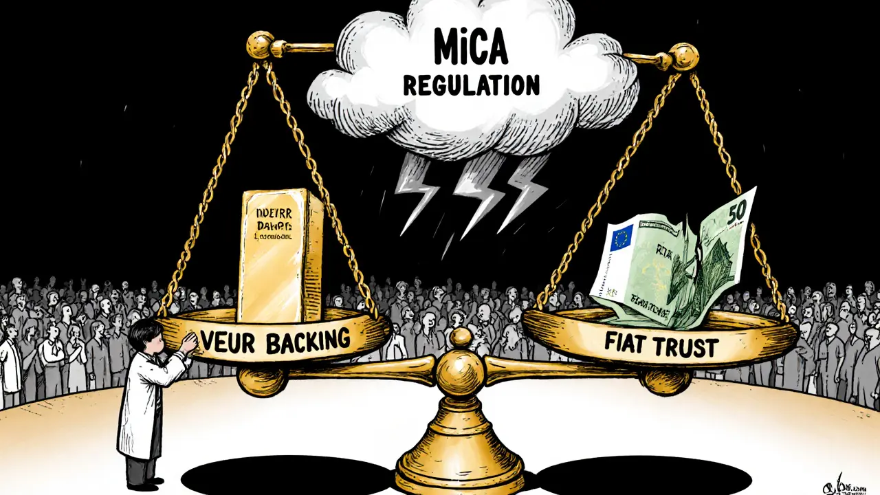 A scale balancing gold against a crumbling euro note, with a regulator adjusting weights under a storm cloud labeled MiCA.