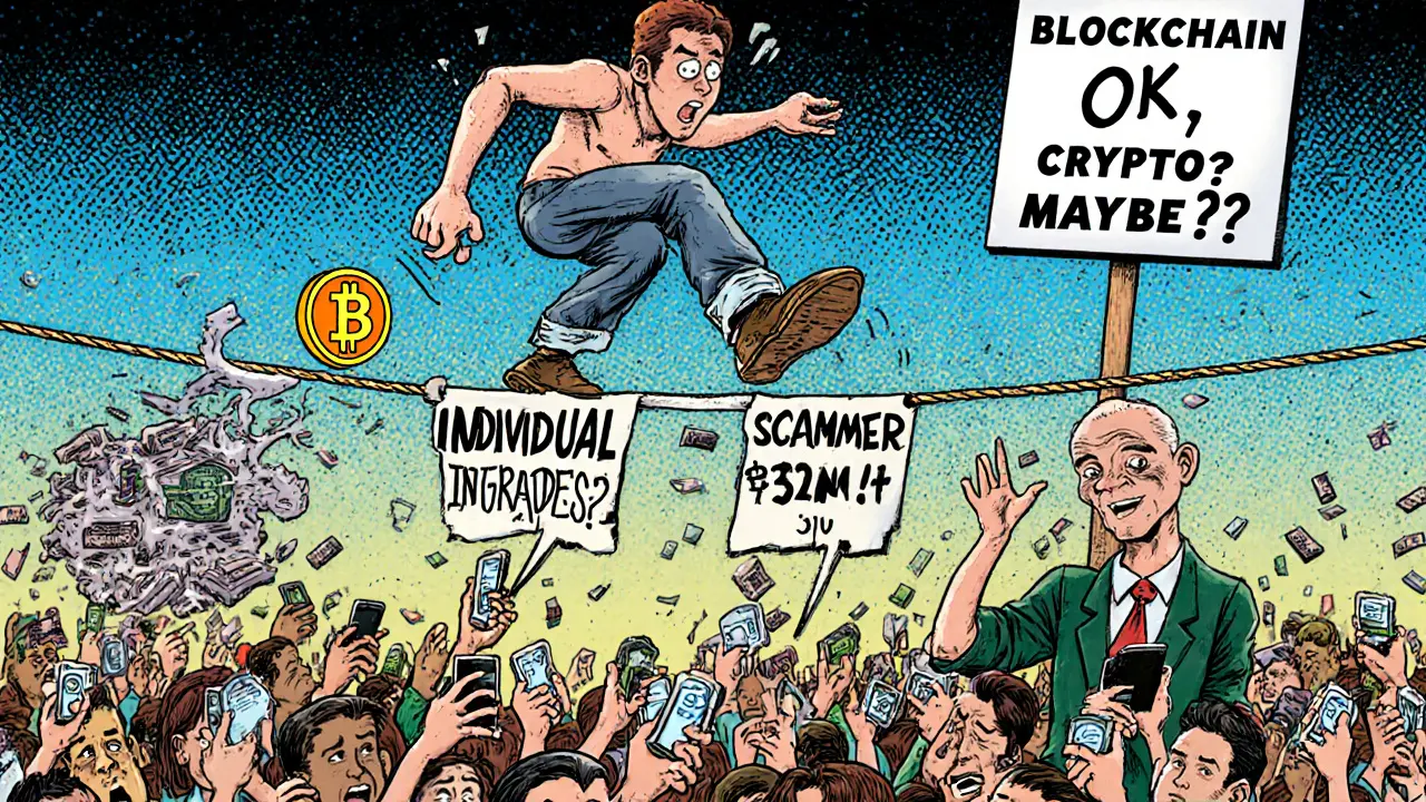 A tightrope walker balancing between ordinary crypto users and fraudsters, with government confusion below.