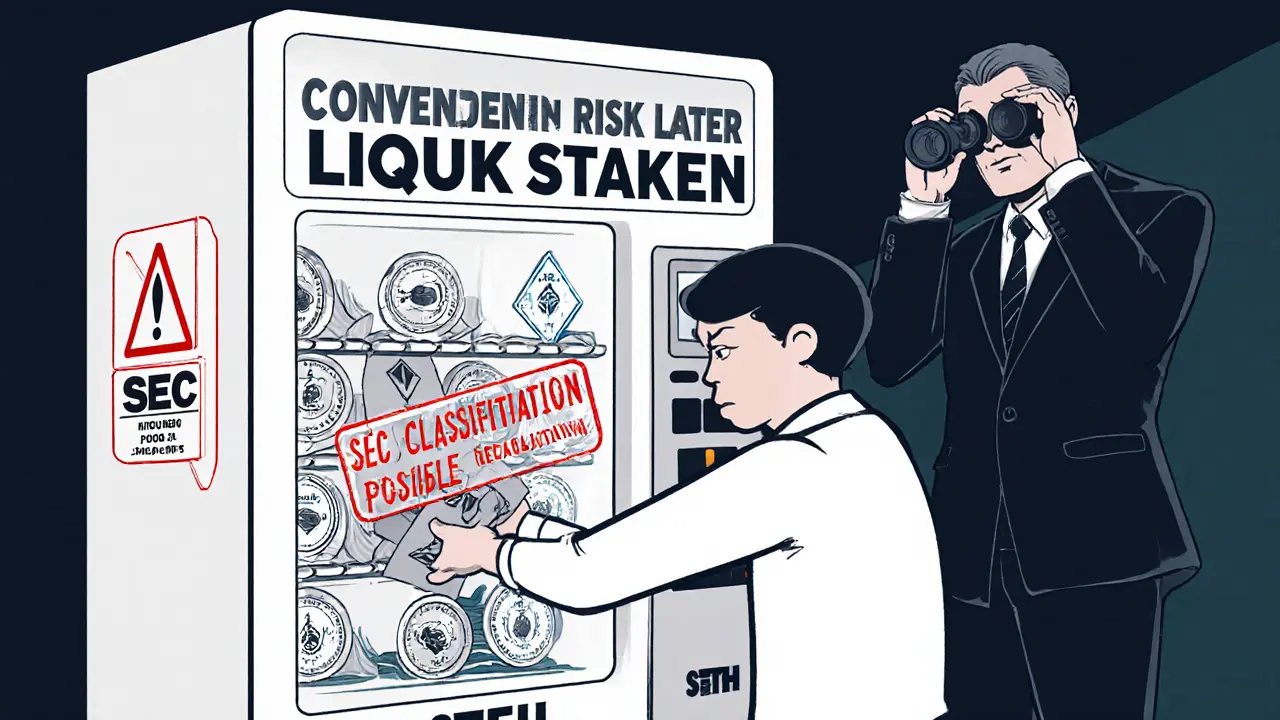 A user inserts ETH into a vending machine that spits out regulatory warnings and drying liquidity pools.