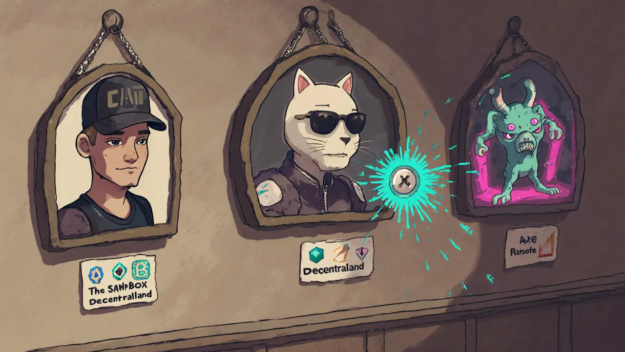 A wall displaying NFT avatars labeled with icons of different games, one mid-transfer between portals.