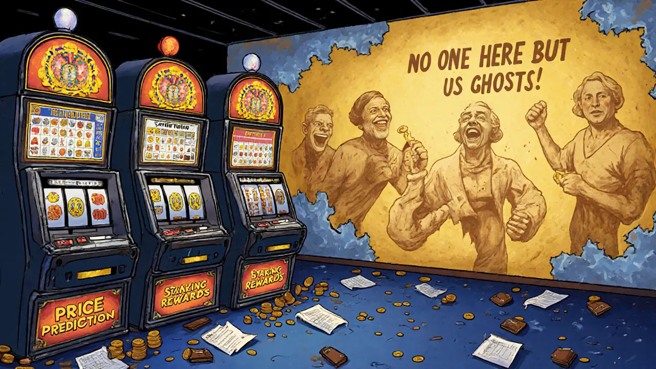 An abandoned casino with broken staking machines and peeling fake earnings murals, symbolizing a crypto scam with no real users.