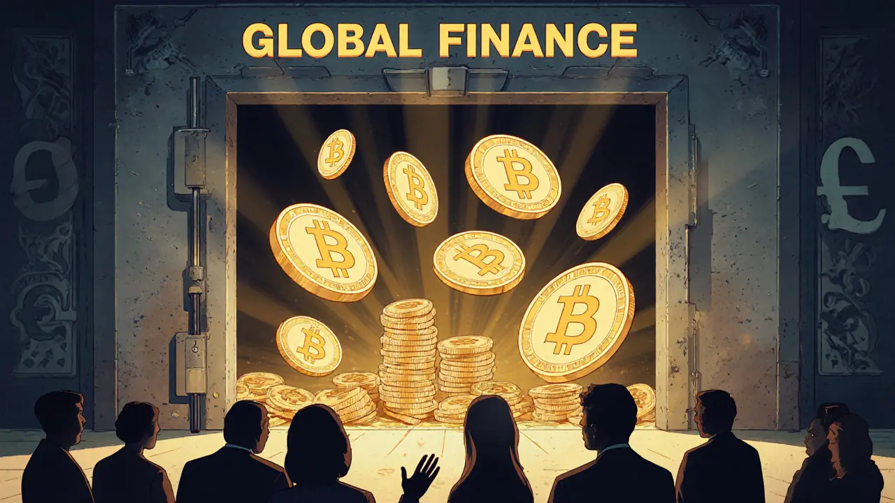 An ancient finance vault opening to reveal floating Bitcoin coins, while conservative institutions watch in awe.