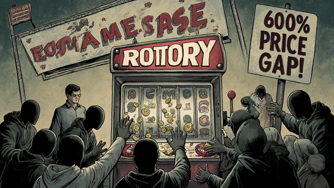 Broken carnival slot machine spitting out RGAME tokens as faceless players reach for them.