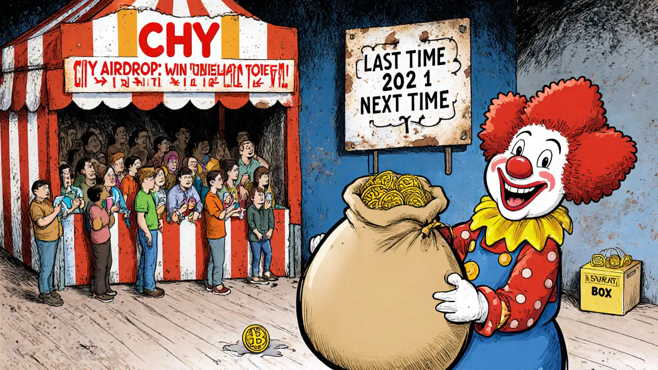 Carnival booth offering free CHY tokens as a crowd lines up, while a real donation box is ignored in the corner.