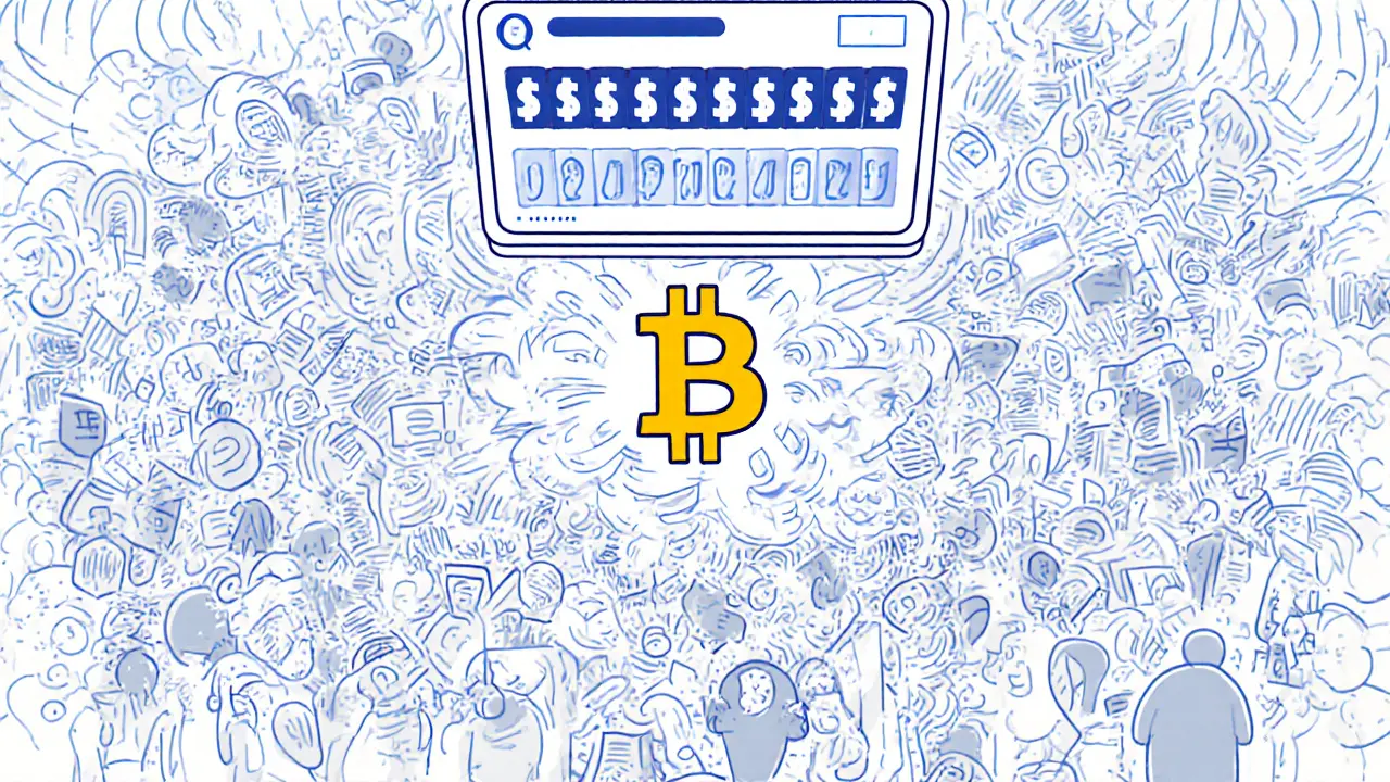 Chaotic digital forum with swirling social media posts and a calm Bitcoin logo at its center.