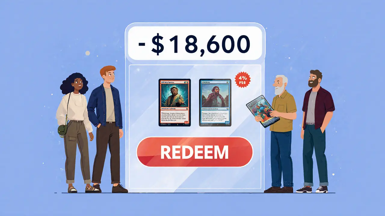 Collectors interacting with a digital kiosk that transforms a physical card into an NFT with a high-value transaction displayed.