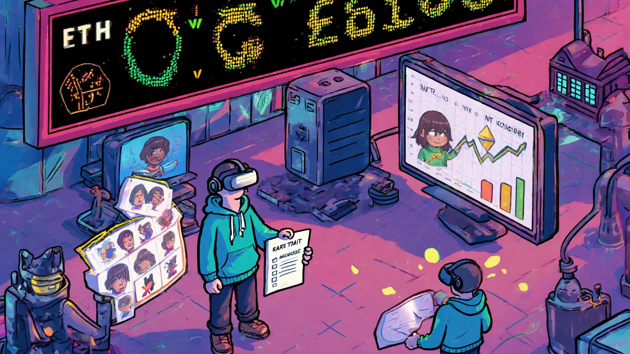 Collectors monitor a rising floor price in a digital marketplace, scanning NFT avatars with VR headsets.