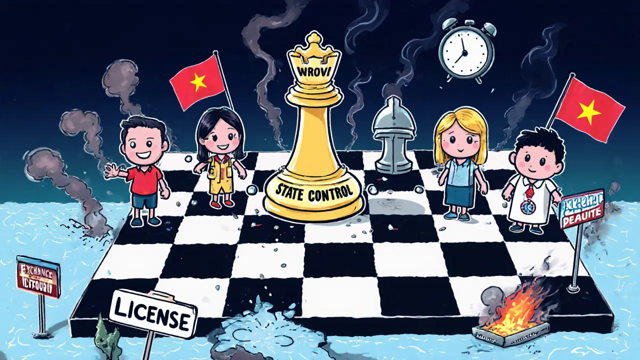 Crypto users are captured on a chessboard by a state-controlled king, with offshore exchanges beyond the border.