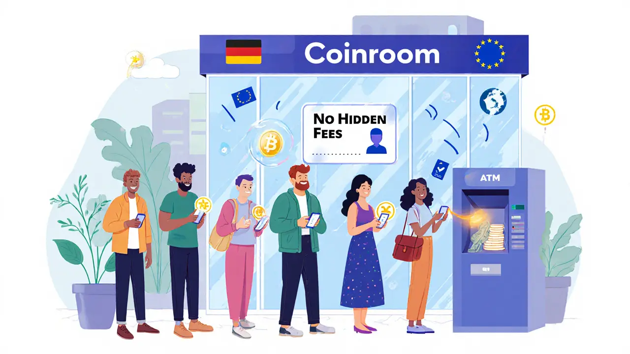 European users at a Coinroom office with ID cards and ATMs, symbolizing transparency and trust.