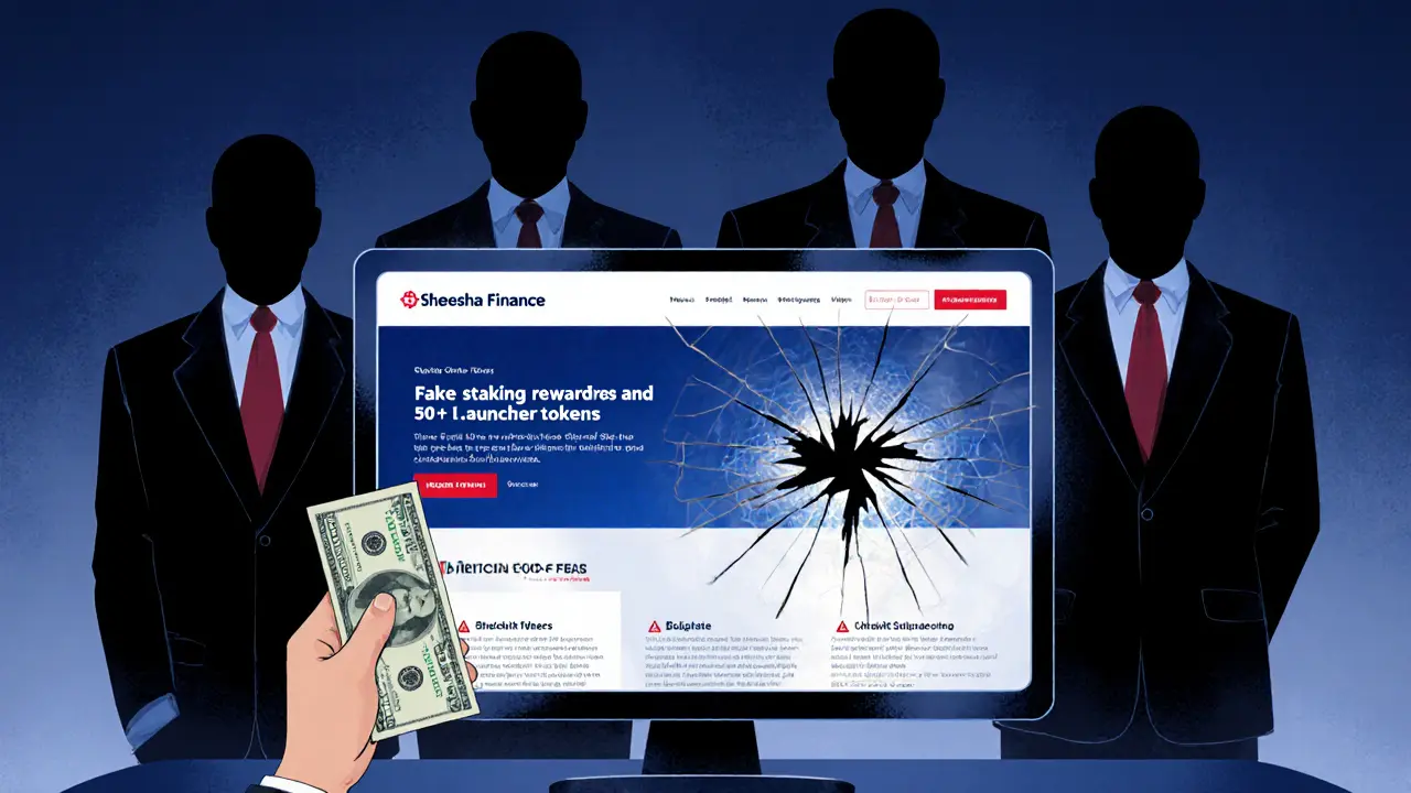 Faceless team behind a cracked website showing fake staking rewards while an investor loses money to gas fees.