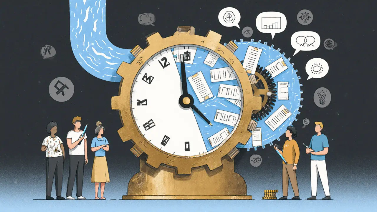 Hybrid governance clock with on-chain gears and off-chain idea river, surrounded by diverse participants.