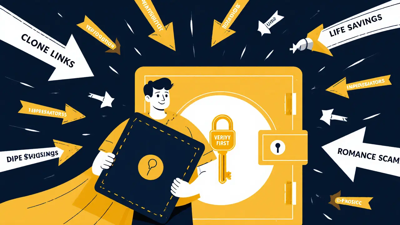 Person shielded by hardware wallet, deflecting phishing attacks with verification key.