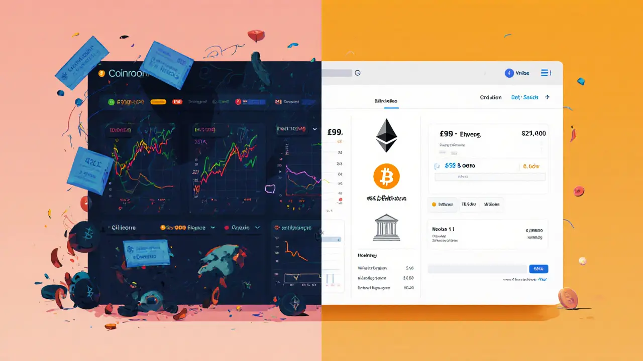 Side-by-side comparison: chaotic crypto exchange vs. clean Coinroom interface with transparent fees.