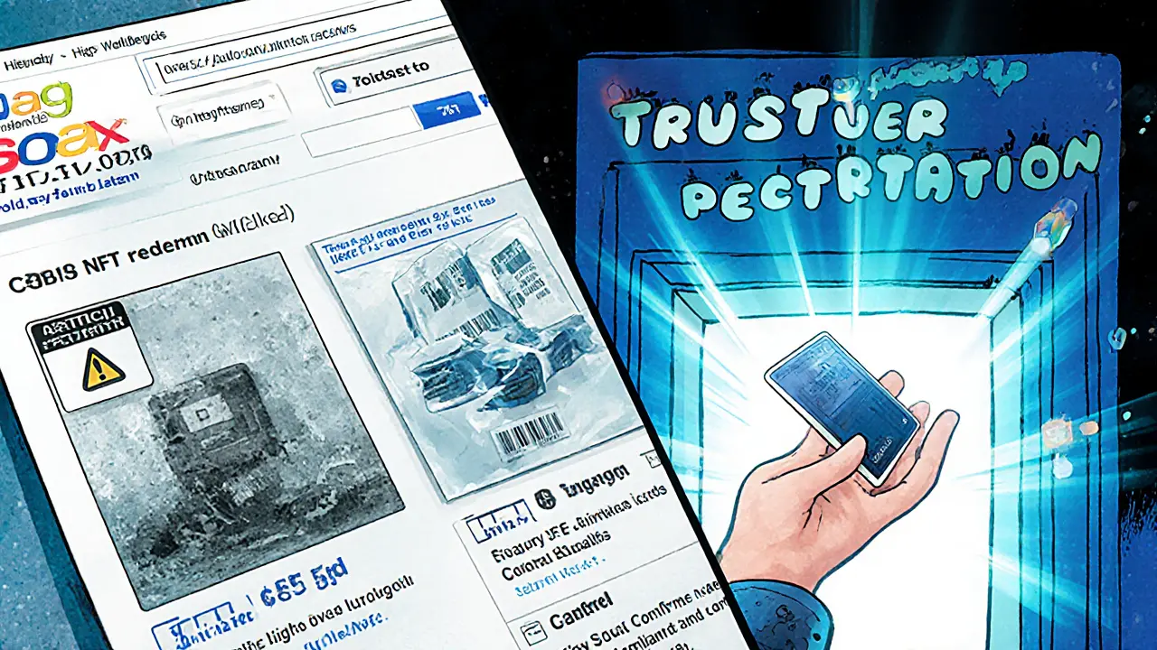 Split scene comparing eBay&#039;s high fees to Collector Crypt&#039;s seamless NFT redemption with a card arriving safely.