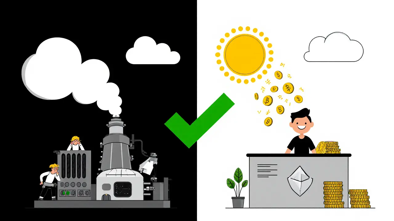 Split scene: dirty mining rig vs clean staking station, symbolizing crypto's shift to energy-efficient validation.