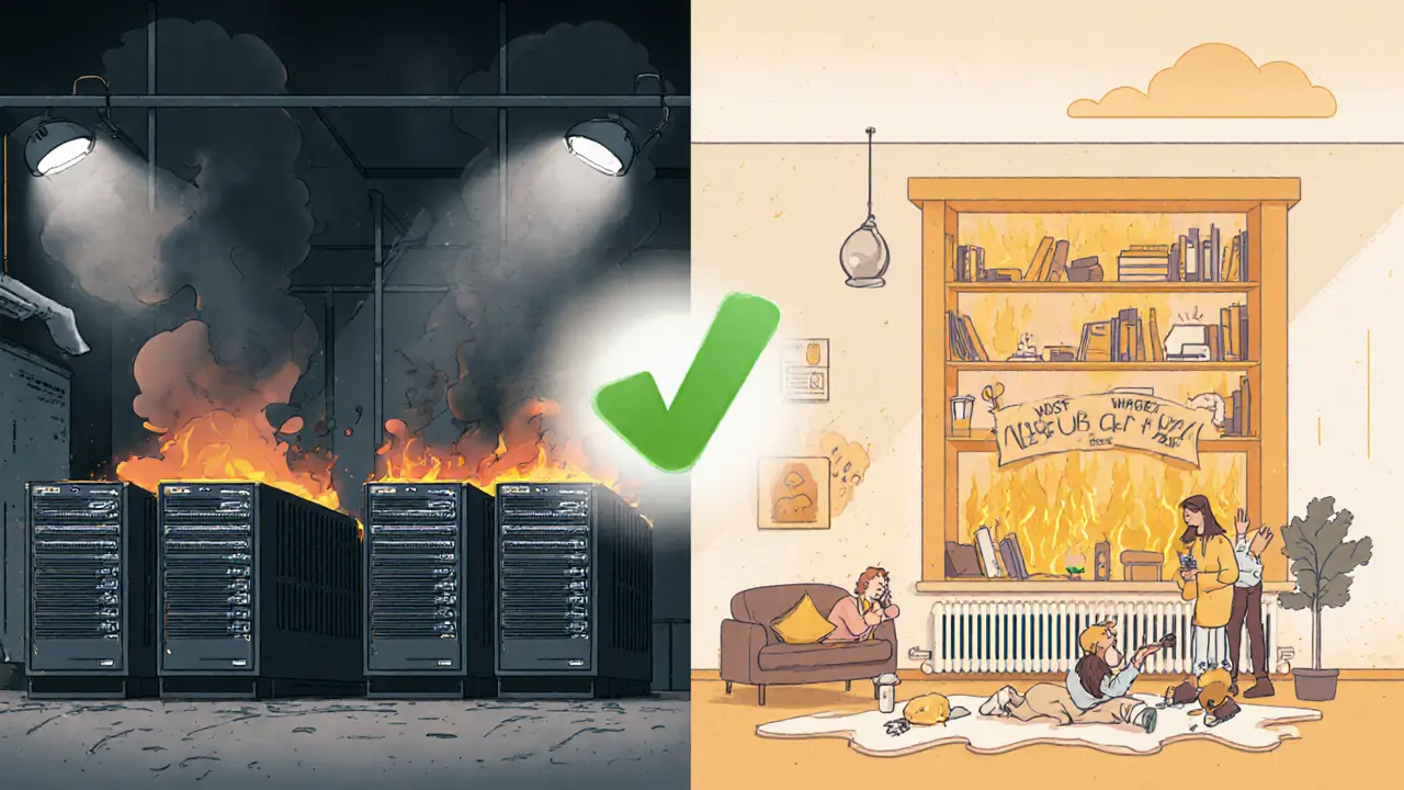 Split scene: overheating mining rigs on one side, same rigs warming homes with waste heat on the other.