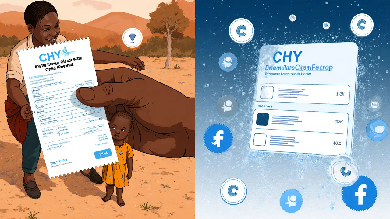 Split scene: real crypto charity helping a child vs. CHY tokens floating uselessly among bot accounts.