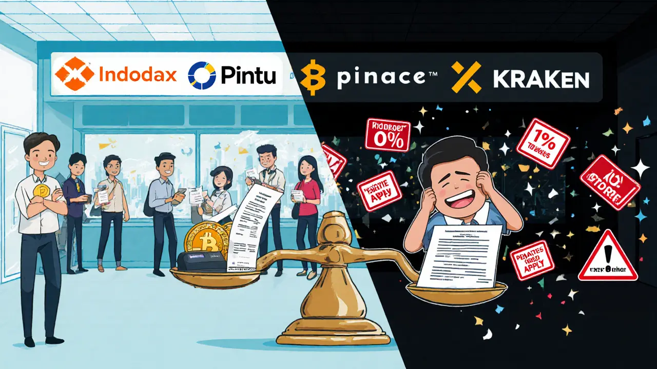 Split scene: regulated local crypto trading vs. risky foreign platform with tax warnings