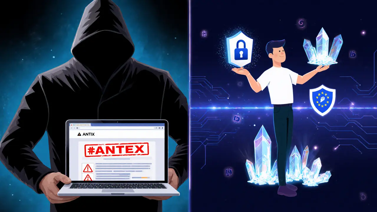 Split scene: scammer with fake website vs. user with secure ANTIX digital avatar and glowing tokens.