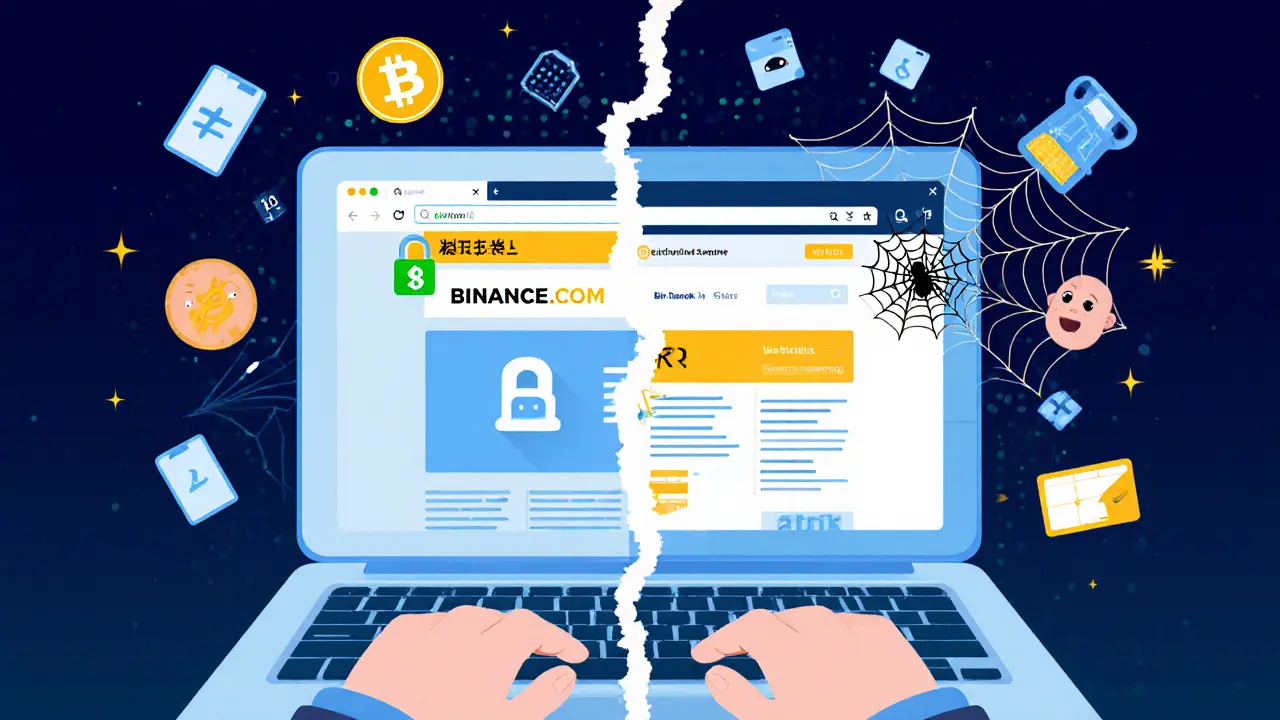 Split-screen showing real vs. fake crypto website with hidden malware elements.