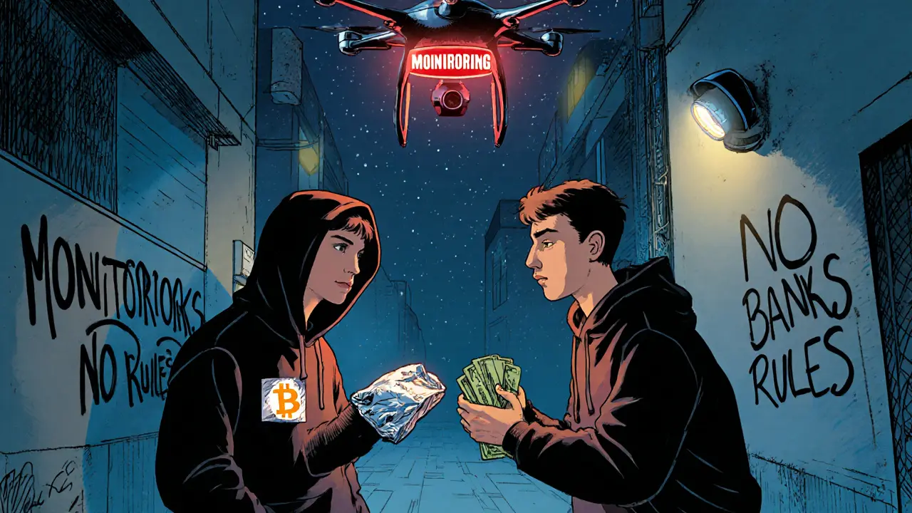 Two people secretly trade cash and a USB drive in a Beijing alley as a surveillance drone hovers overhead.