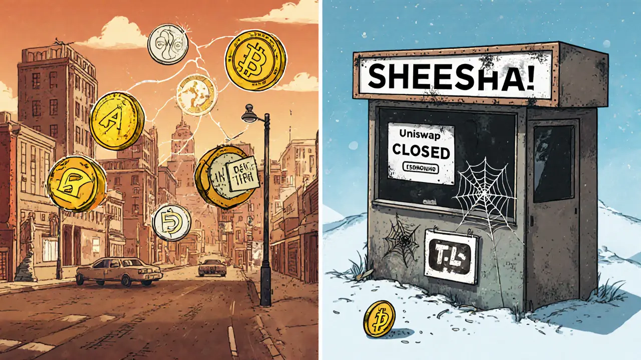 Vibrant active DeFi hub contrasts with abandoned SHEESHA kiosk, symbolizing legitimacy versus obscurity.