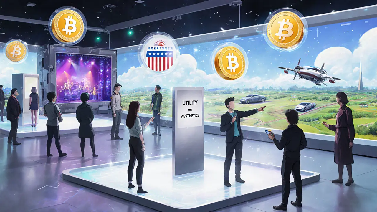 Visitors experience NFT utility in a futuristic museum, unlocking holograms of concerts and virtual land.