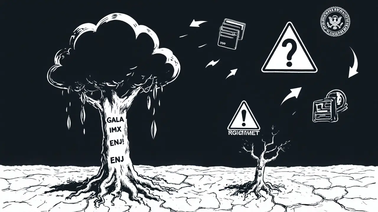 Withered RGAME sapling beside thriving blockchain game tokens under a dark warning cloud.