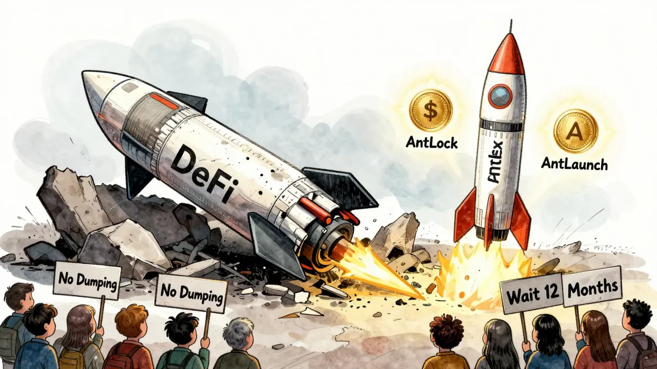 A broken DeFi rocket next to a rising AntEx rocket powered by AntLock and AntLaunch tools.