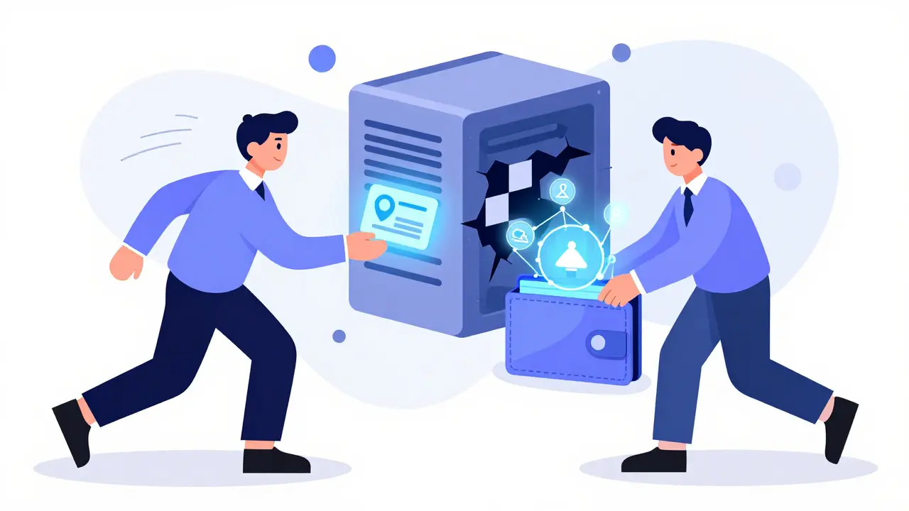 A citizen receives a digital credential from a government official, storing it in a secure wallet as a corporate server breaks apart.