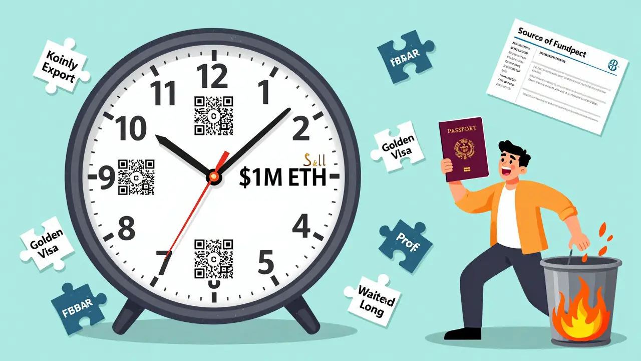 A clock made of crypto QR codes ticking toward a sale deadline, with a person scrambling to assemble residency documents as one piece falls away.