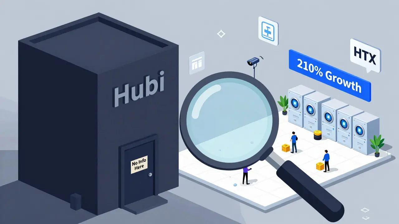 A dark, silent Hubi building with no security details, next to a vibrant, transparent HTX platform with clear safety systems.