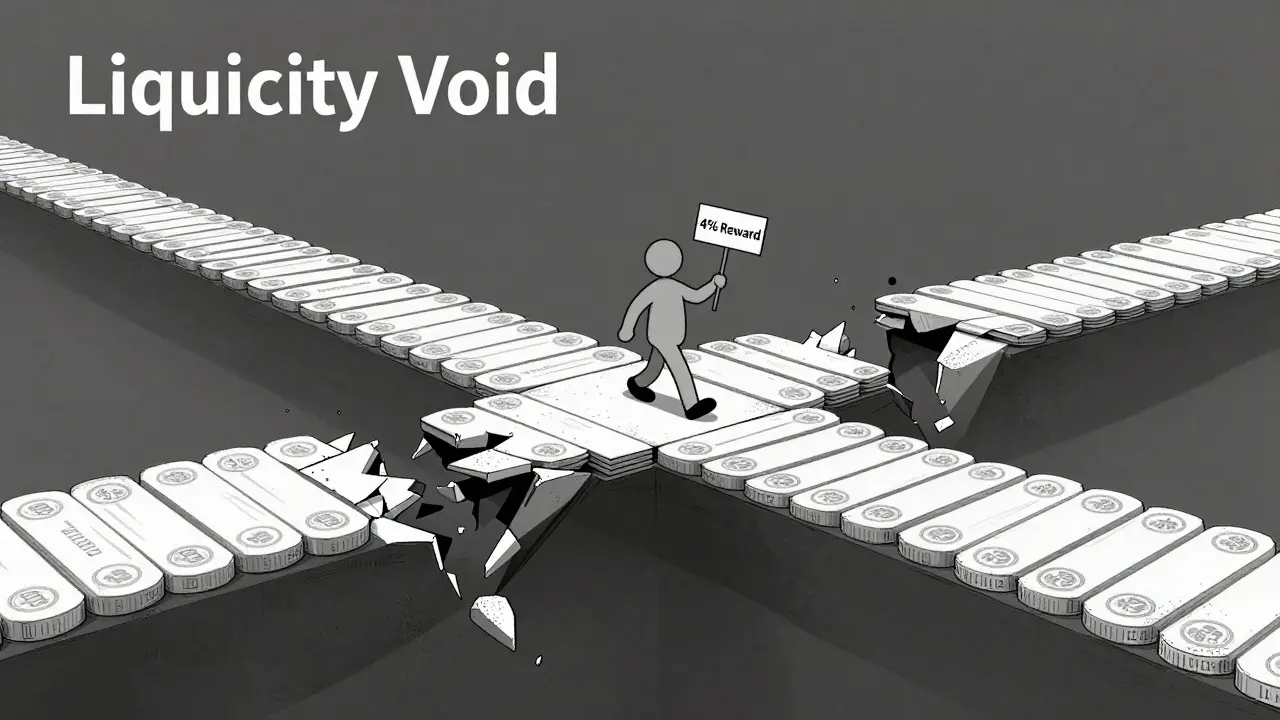 A fragile bridge of WLBO tokens collapses into a void as one figure steps forward toward empty nothingness.