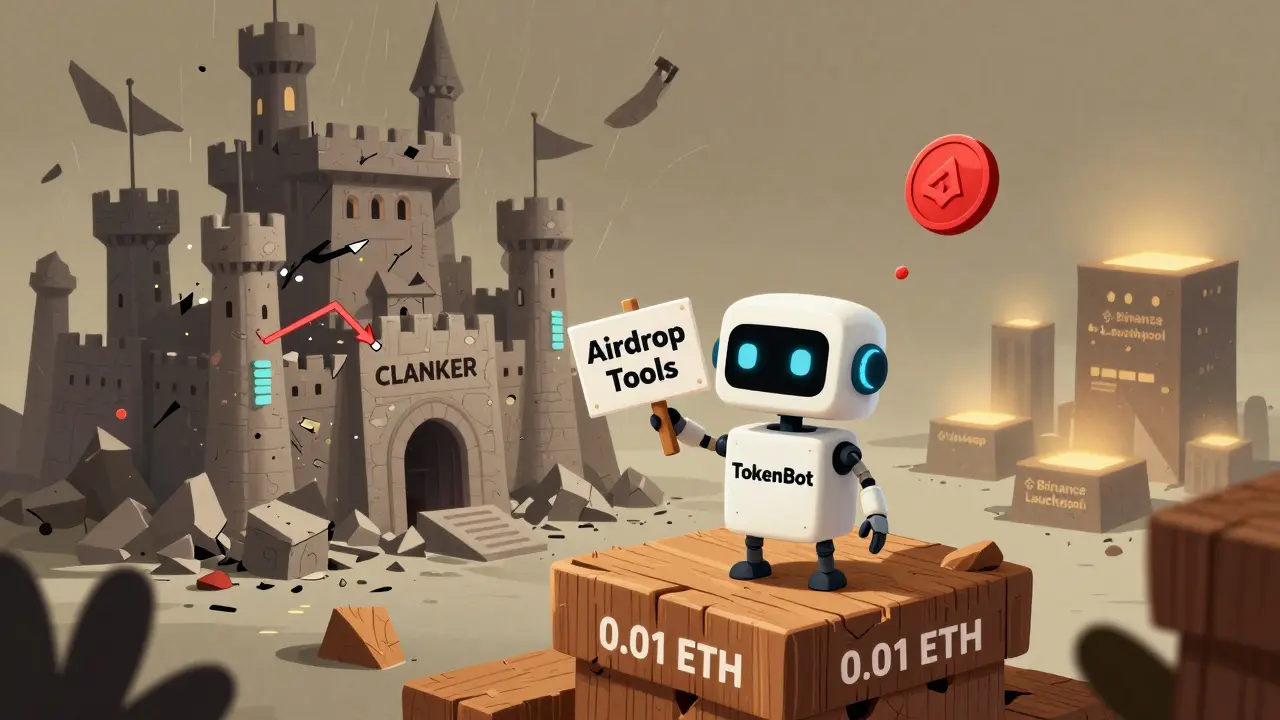 A fragile robot labeled TokenBot stands on a tiny budget, while its token castle crumbles behind it.