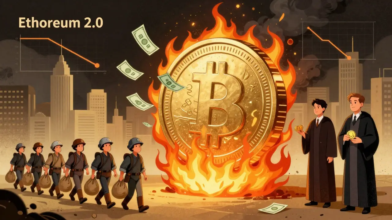 A giant ETH coin burning away with millions of tokens consumed, miners leaving and validators standing by.