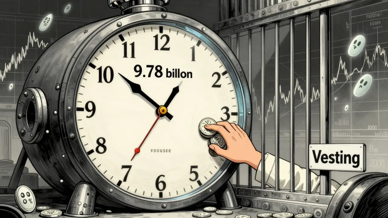 A giant token supply clock with most tokens locked in a vault, one hand reaching to claim 2000 tokens.