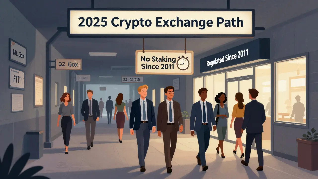 A hallway of failed crypto exchanges leading to Bitstamp as a stable, regulated destination with a 'No Staking Yet' sign and a 2026 deadline.