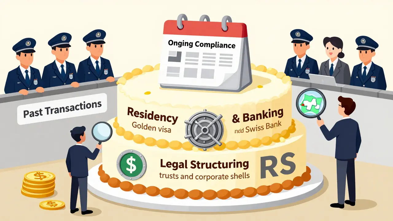 A layered cake representing a 0,000 crypto relocation package with legal, residency, banking, and compliance layers, watched by an auditor.